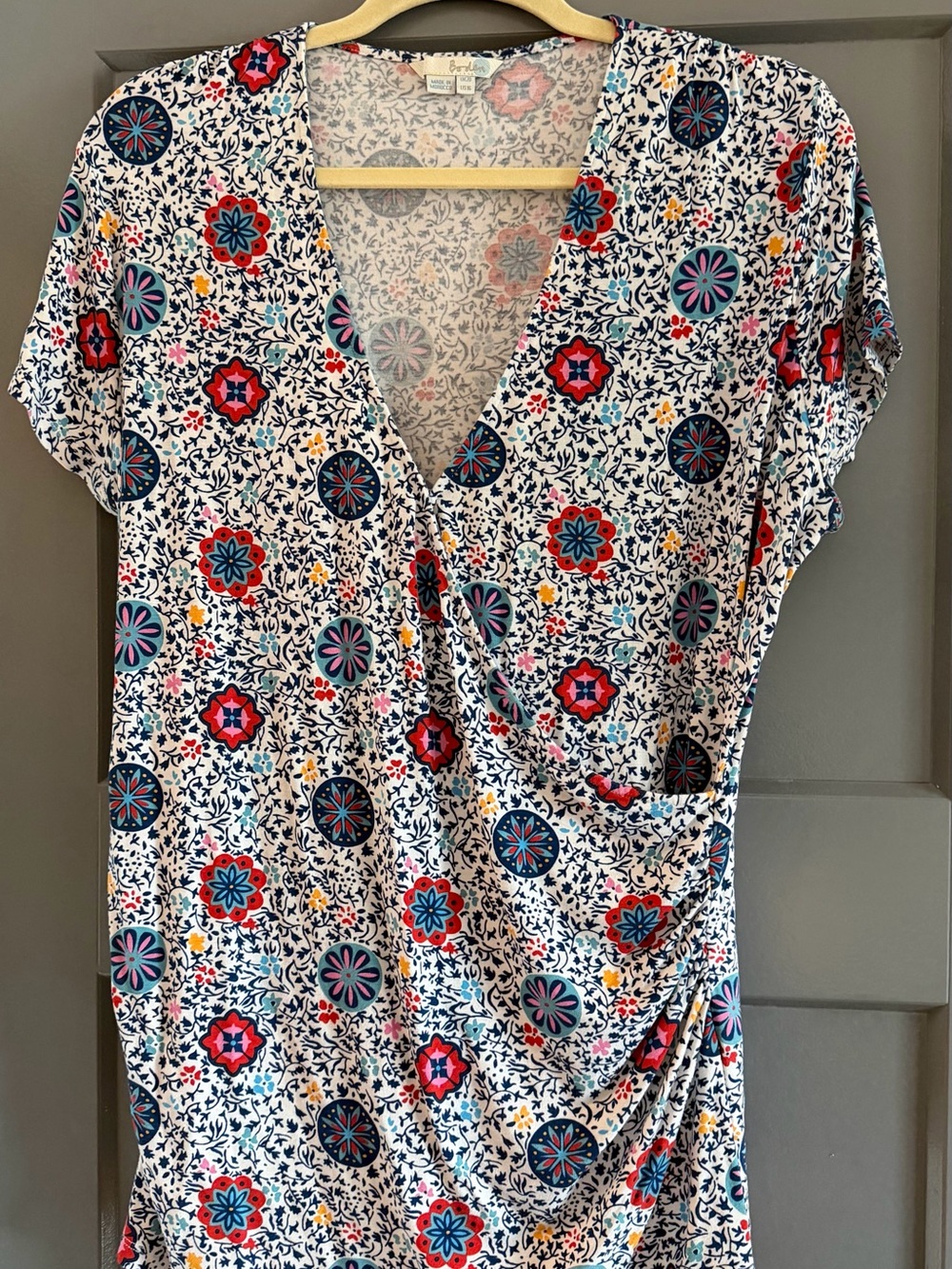 Boden White Faux-Wrap Tunic with Red & Blue Floral Medallions